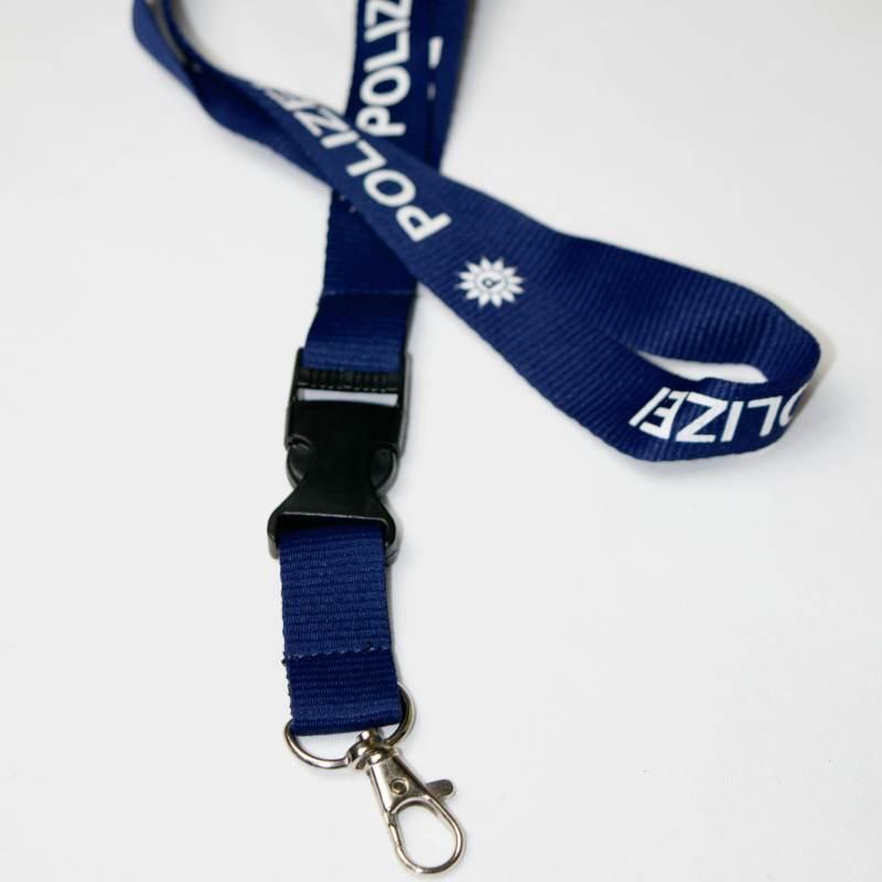 Gurtband-Schlüsselanhänger mit Stick POLIZEI, dunkelblau Stick silber,  mit Gaps